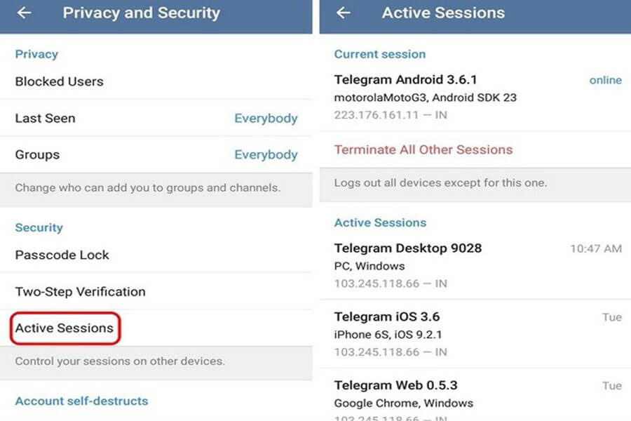 For Telegram security, terminate Active Sessions